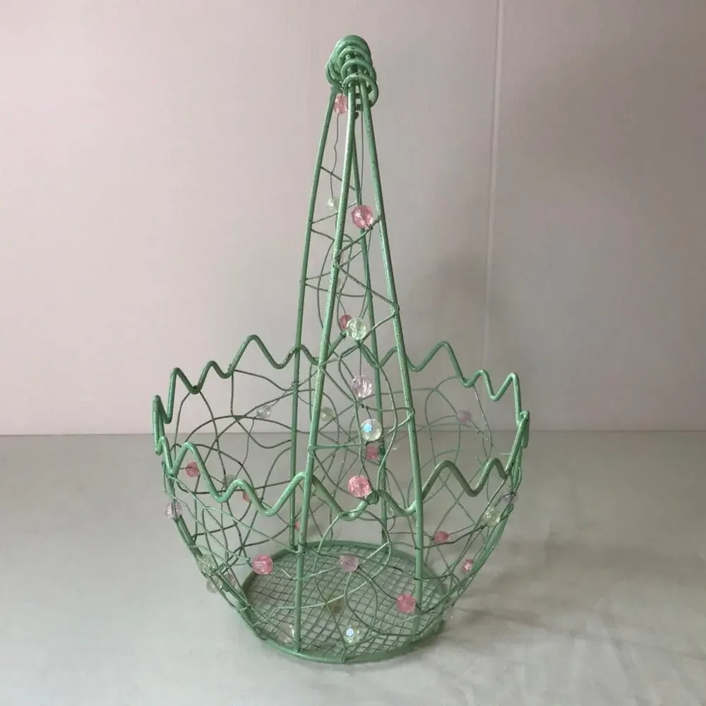 Green Multicolor Spring Decorative Vintage 90’s Metal Wire Basket with Handle